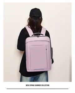 Detail view of the stylish light purple laptop backpack worn on back in daily scene.
