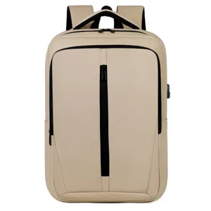 Unisex large capacity casual travel backpack in beige with front zipper pocket main view