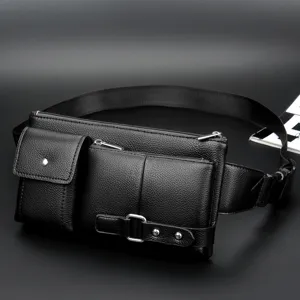 Men's multi-functional waist bag black leather chest bag casual outdoor sling bag for travel