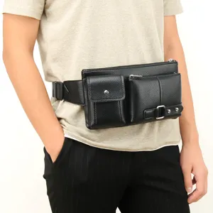 Men's multi-functional waist bag black PU leather fanny pack chest bag for outdoor travel