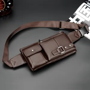 Men's multi-functional leather waist bag chest bag with multiple zipper pockets for daily use.
