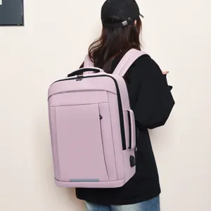 Pink travel business laptop backpack with USB port and multiple compartments shown from back.