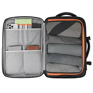 Large capacity travel backpack open view showing multi-pocket interior organization compartments