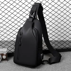 Men black sling chest bag outdoor waterproof cross body shoulder bag with USB charging port
