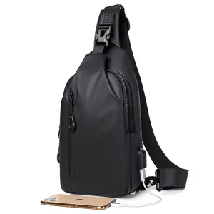 Men waterproof chest bag sling shoulder daypack with USB charging port for outdoor travel