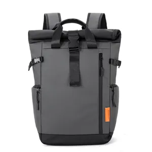 Grey roll-top backpack commuter business laptop bag large capacity travel casual rucksack