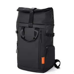 Black roll top waterproof commuter laptop backpack for travel business college casual use
