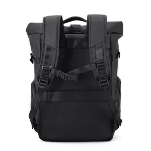 Black waterproof roll-top backpack, casual business laptop travel daypack rear view