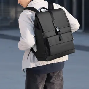 Minimalist black backpack for men, casual travel laptop bag with durable fabric.