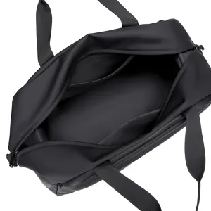 Black waterproof travel duffel bag with large capacity for gym, sports and short trips.