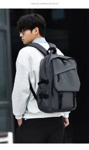 Detail shot of casual backpack worn on back, featuring large capacity and extra straps.