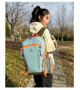 Detail shot of the lightweight outdoor hiking backpack with vibrant straps and spacious pockets.