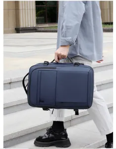 Detail shot of large capacity men business travel backpack waterproof computer bag lifestyle.