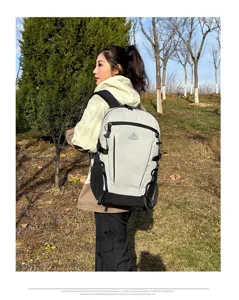 Outdoor sports travel hiking backpack detail view, large capacity grey and black design.