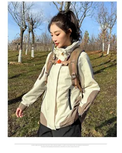 Outdoor hiking backpack and jacket detail shot, lightweight waterproof design for sports.