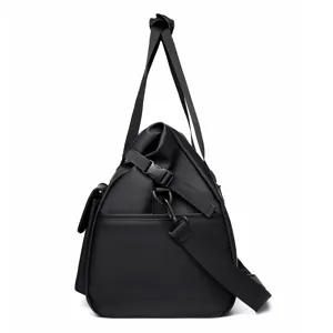 Black waterproof gym travel bag side view, large capacity multi-functional commuter duffel bag.