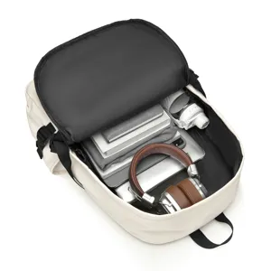 Large capacity casual laptop backpack in beige, open interior view showing daily storage.