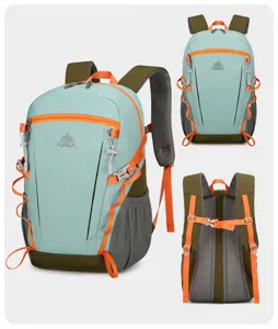 Detailed view of lightweight waterproof outdoor hiking backpack with multiple zipper pockets straps.