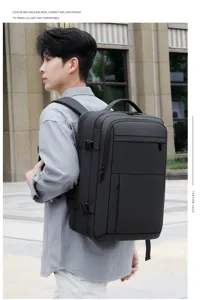Detailed view of the large capacity business travel backpack, waterproof and wear-resistant design.