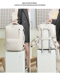 Large capacity business travel backpack in off-white, featuring luggage strap and multiple pockets.
