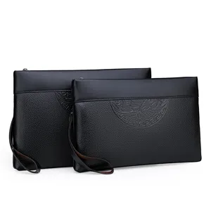 Men black clutch bag leather zipper purse wristlet portable large capacity business wallet