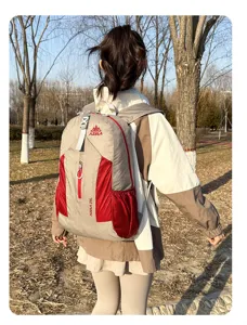 Outdoor lightweight backpack detail view showing durable fabric and stylish red grey color scene.