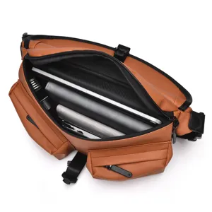 Mens brown leather messenger bag large capacity travel shoulder bag casual crossbody chest bag