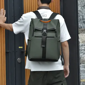 Men's Business Casual Roll-Top Backpack Large Capacity Travel Daypack Waterproof Bookbag