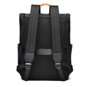 Stylish business men's casual travel backpack with orange handle, large capacity black bag.