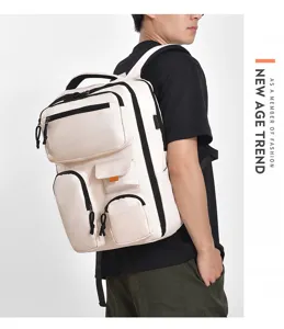 Stylish casual multi-pocket backpack in beige oxford cloth, perfect for commute and travel.