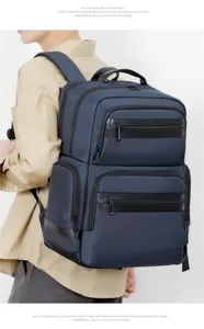 Detail view of men's waterproof business backpack with multiple functional storage pockets.