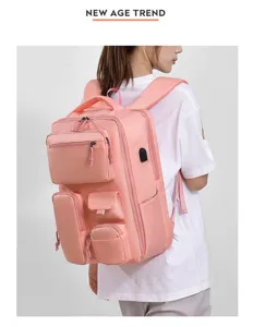 Pink casual business multi-pocket backpack for women stylish travel computer school bag