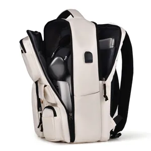 Off-white business commuting laptop backpack with USB charging port and multi compartments.