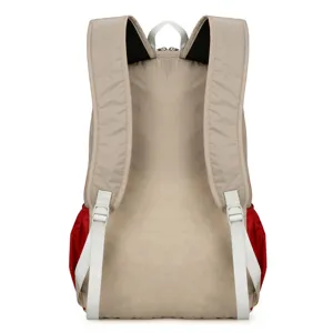 Lightweight foldable outdoor backpack in beige with red side pockets, rear view showing straps