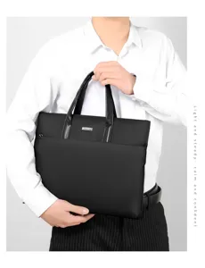 Borsa da lavoro nera da uomo, elegante borsa porta PC in tessuto oxford con manici.
