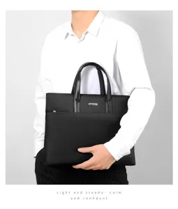 Dettagli della borsa da lavoro nera in tessuto oxford da uomo, elegante borsa a mano.