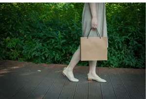 Minimalist horizontal kraft paper gift bag for clothing and holiday packaging details.