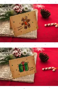 Vue détaillée de la carte de vœux de Noël rétro avec bonhomme en pain d'épices sur tissu rouge.