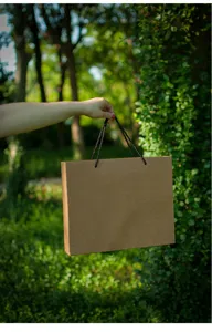 Detailed shot of a minimalist brown kraft paper gift bag with handles for apparel and presents.