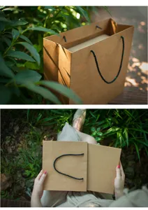 Detailed view of kraft paper gift bag with black rope handles in a natural outdoor green setting.