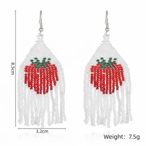 Handmade beaded strawberry tassel earrings for women, summer fruit drop dangle jewelry.