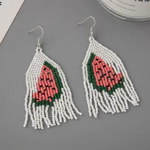 Handmade beaded watermelon tassel earrings, summer fruit long dangle drop jewelry for women.