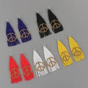 Handmade bohemian seed bead fringe earrings with peace sign design in multi-colors fashion jewelry.