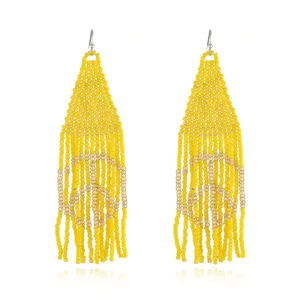 Bohemian handmade yellow seed bead fringe earrings with a stylish peace sign design.