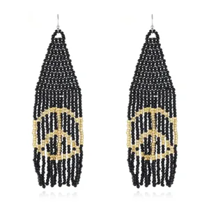 Bohemian handmade beaded fringe earrings with peace sign design, stylish black and gold boho jewelry.
