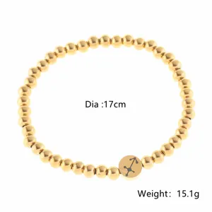 Gold stainless steel beaded bracelet detail, Sagittarius zodiac charm, 17cm diameter jewelry.