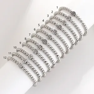 Stainless steel 12 zodiac beaded bracelets set, minimalist silver round charm fashion jewelry.