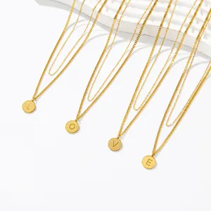 Stainless steel double layered letter pendant necklace with alphabet initials for women.