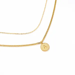 Double layer gold necklace with letter A pendant, elegant fashion clavicle chain jewelry.