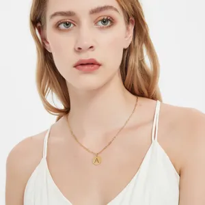 Stainless steel initial letter necklace for women, dainty gold plated pendant jewelry gift.